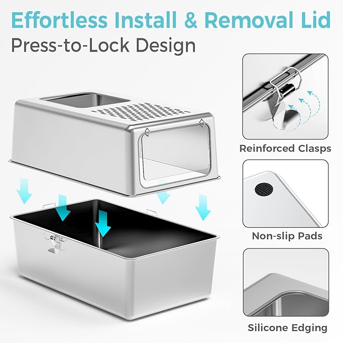 Extra Large Enclosed Stainless Steel Litter Box with Lid, 23.6"x17.7"x15.7" High Sided Metal Cat Litter Box for Indoor Cats, Covered Dog Proof Kitty Litter Pan, Odor Free, Non Sticky, XL