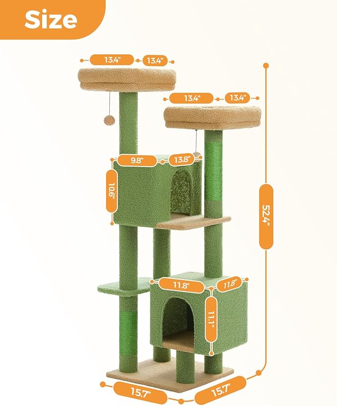 Cactus Cat Tree, 52.4" Cat Tower for Indoor Cats, Cute Cat Tree with 2 Padded Perches, 2 Condos & 2 Scratching Posts, Green