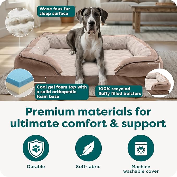 FurHaven Cooling Gel Dog Bed for Large Dogs, Perfect Comfort Sofa Bed with Cool Gel-Top Foam & Solid Orthopedic Foam Base for Joint Support, Washable Cover, Jumbo Plus/XXL, Plush & Velvet, Brownstone