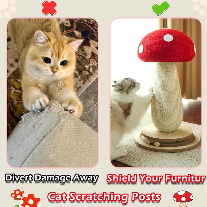 Mushroom Cat Scratching Post: 3-in-1 Sisal Scratcher with Bed & Ball - Sturdy Weighted Base, Space-Saving Design for Kittens & Cats