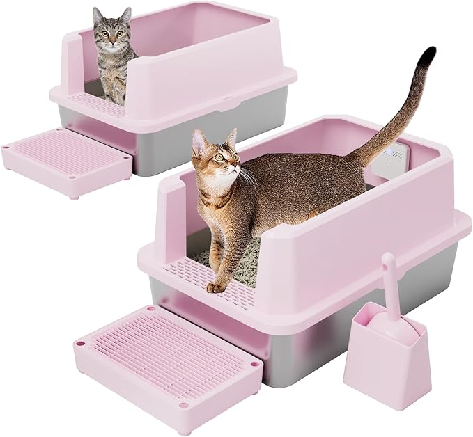 RIZZARI Stainless Steel Litter Box: Pink Leakproof Open Top Tray - Teflon Non-Stick Coating - Large Size Odor Control for Cats Under 20 lbs - with Deodorizer - 2 Pack - for Laundry Room Restroom