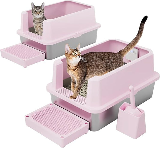 RIZZARI Stainless Steel Litter Box: Pink Leakproof Open Top Tray - Teflon Non-Stick Coating - Large Size Odor Control for Cats Under 20 lbs - with Deodorizer - 2 Pack - for Laundry Room Restroom