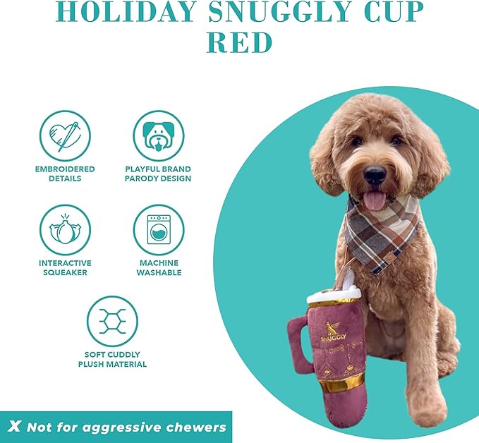 Haute Diggity Dog Holiday Snuggly Cup Plush Dog Toy for Small, Medium & Large Dogs, Interactive Funny Christmas Squeaky Toys, Soft, Durable, Machine-Washable, Safe & Cute Birthday Gift for Dogs, Red