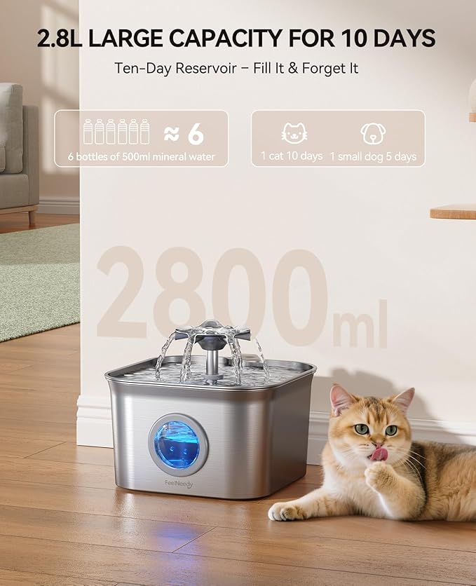 Stainless Steel Cat Water Fountain for Drinking with 9 Filters, 2.8L Auto Pet Drinking Fountain for Cats with 20dB Ultra-Quiet Pump, 24/7 Circulation Filtration LED Water Level Window Dishwasher Safe