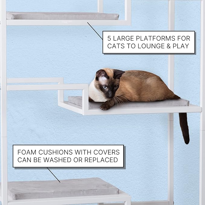 The Refined Feline 62 Inch Tall Metropolitan Cat Condo, White Metal Frame Cat Tower, Multi-Level Modern Cat Tree for Indoor Cats, White Platforms with Gray Replaceable Cushions & Scratching Post