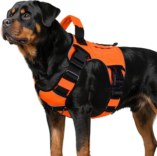 WINGOIN Orange Tactical Dog Harness for Large Dogs, Heavy Duty No Pull Dog Harness with Handle, Adjustable Reflective Military K9 Big Pet Vest for Husky, Doberman, Walking, Training, Hunting (XL)