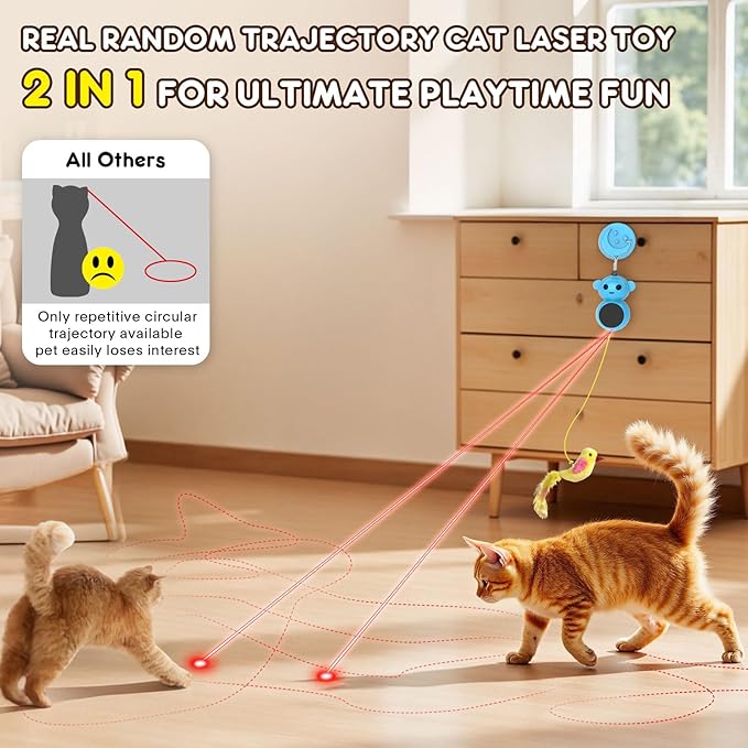 Interactive Cat Toys for Indoor Cats - 2 in 1 Automatic Laser Pointer Cat Toy with Feather Flying Bird，Smart Moving Mouse Wand Toy, Auto On/Off Hanging Toys for Bored Kitten & Adult Cats(Blue)