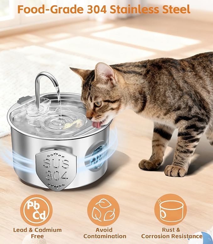 108oz/3.2L Stainless Steel Cat Water Fountain with Detachable Tank, Easy to Clean & Assemble, Pet Drinking Dispenser with Quiet Operation & LED Light, Gifts for Christmas, Cats, Dogs and Small Pets