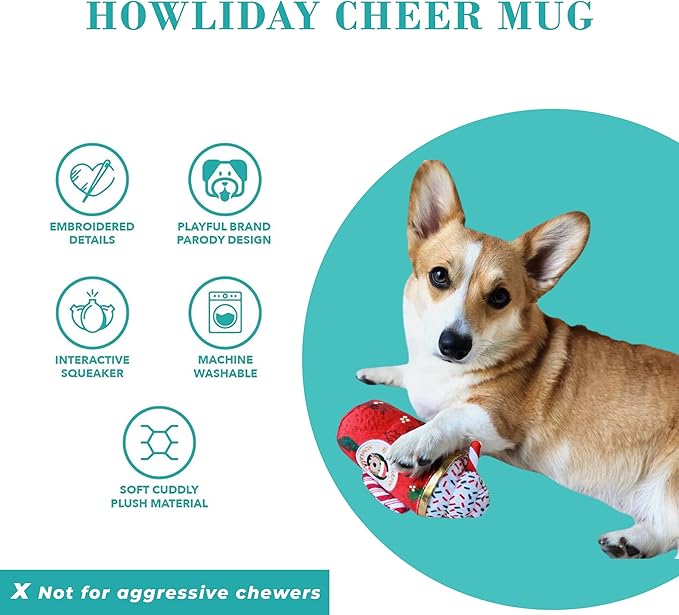 Haute Diggity Dog Howliday Cheer Mug Plush Dog Toy for Small, Medium & Large Dogs, Interactive Funny Holiday Squeaky Toys, Soft, Durable, Machine-Washable, Safe & Cute Birthday Gift for Dogs, One Size