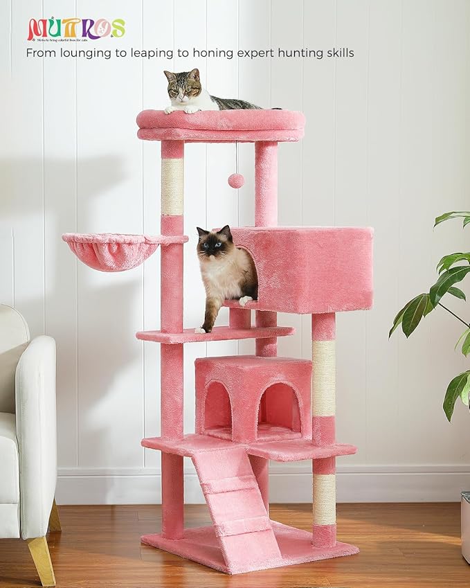 Pink Cat Tree for Large Cats with Super Large Top Perch,56.2" Multi-Level Tower for Indoor Cats with Hammock, Cat Shelves with Scratching Posts and 2 Condos Houses, Pink