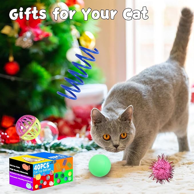 Cat Toys for Indoor Cats 40 PCS Kitten Toys Cat Interactive Toys Pack Including Cats Springs Sparkle Ball Pom Pom Ball Jingle Balls Tracks Balls