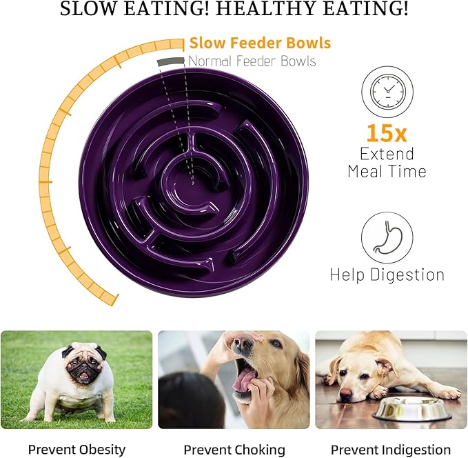 Ceramic Slow Feeder Dog Bowl,1.5 Cups Pet Slow Feeder for Small and Medium Breed,Puzzle Dog Food Dish,Anti-Gulping,Stop Bloat,Preventing Choking(Purple)
