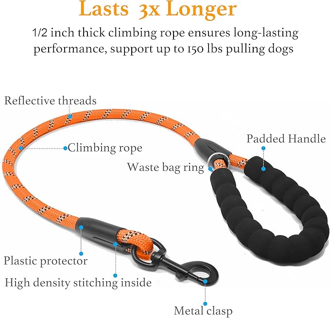 iYoShop Dual Dog Leash - 360° Swivel, No Tangle Walking Leash with Shock Absorbing Bungee for Two Dogs (Large, 25-150 lbs, Orange)