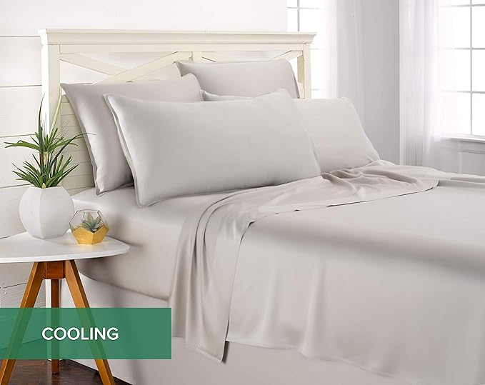 Pure Bamboo Queen Sheets, Genuine 100% Organic Viscose Derived from Bamboo Bed Sheet Set, Luxuriously Soft & Cooling, Double Stitching, 2 Year Quality Promise (Queen, Silver Pearl)