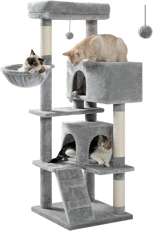 Cat Tree for Large Cats with Super Large Top Perch, 56.3" Cat Tower with Plush Hammock, Dangling Pompom, Cat Scratching Posts and 2 Condos House, Light Grey