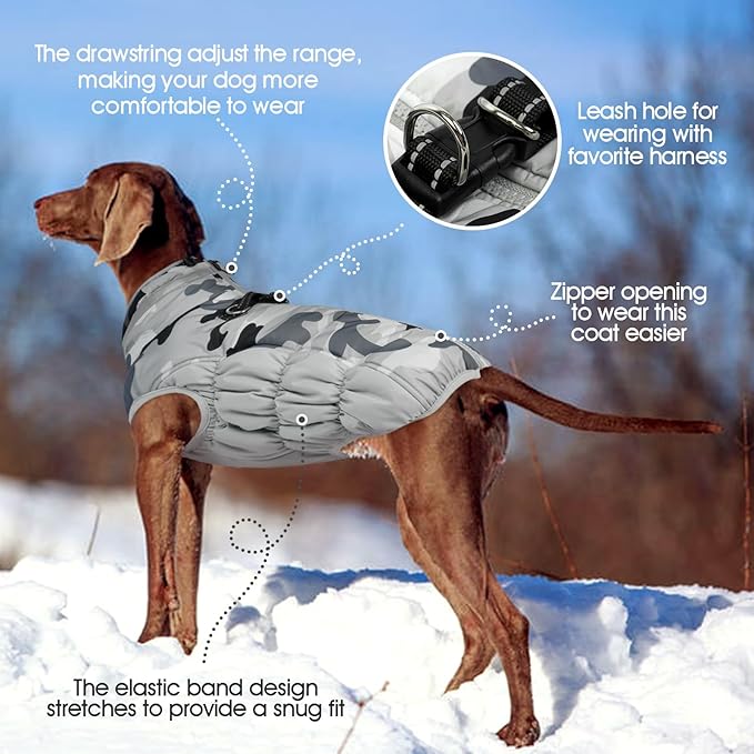 FUAMEY Dog Coat for Large Dogs,Waterproof Dog Winter Jacket with Harness Built in Puppy Cold Weather Coats Reflective Pet Vest with Zipper Warm Fleece Dogs Snowsuit Windproof Grey Camo L