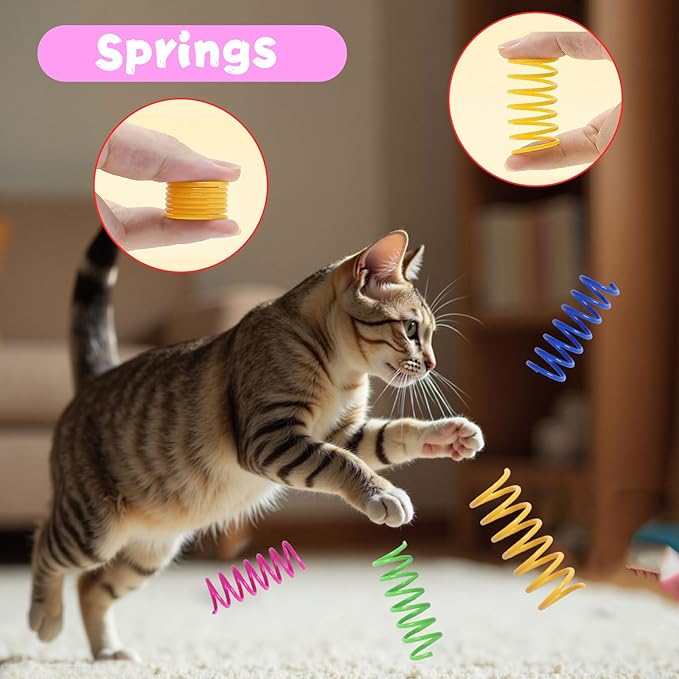 Cat Toys for Indoor Cats 40 PCS Kitten Toys Cat Interactive Toys Pack Including Cats Springs Sparkle Ball Pom Pom Ball Jingle Balls Tracks Balls