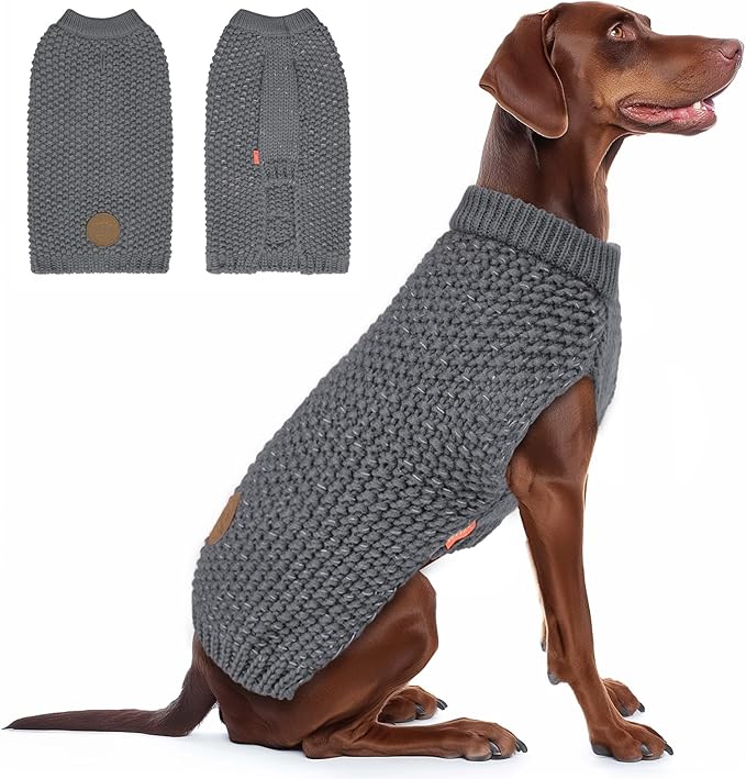 KYEESE Dog Sweater for Large Dogs with Leash Hole Warm Pullover with Reflective Yarn Male Thick Stretchy Knitwear Winter Soft Pet Coat boy for Cold Weather Comfy Dog Sweaters,Grey,XXX-Large