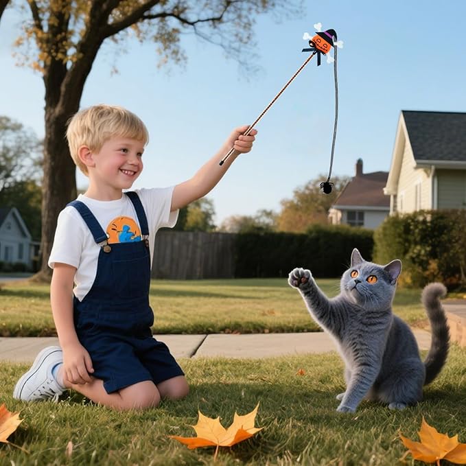 Halloween Cat Teaser Wand, 2 Pack Interactive Cat Wands Toys with Pumpkin Witch Spider and Trident Skull Tassels, Fun Exerciser for Kittens and Cats