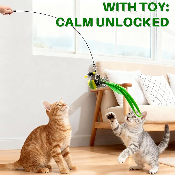 Walfront Cat Toy Interactive Teaser Wand with Green Bird Attachment,Dual-Head Suction Cup Base, Durable Replaceable Feather Lure for Independent Play or Interactive Bonding with Indoor Cats & Kittens