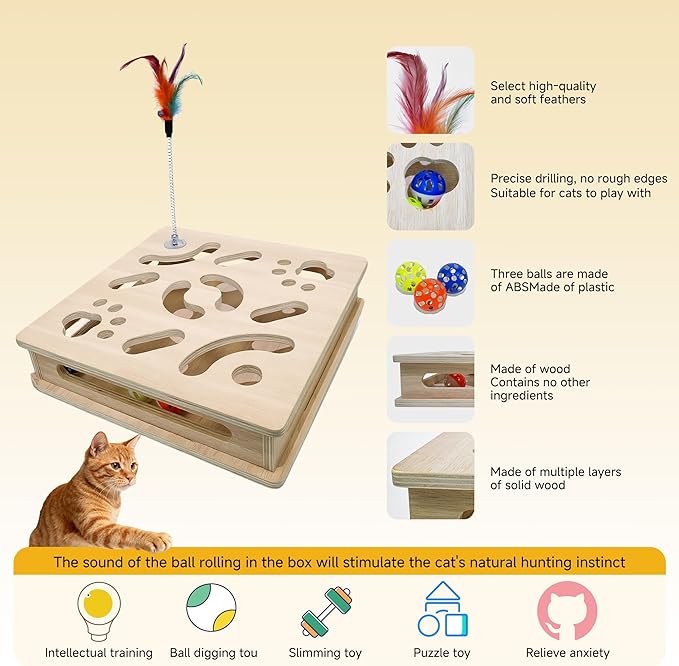 Cat Toy Set - Include 1 Interactive Wooden Puzzle Cat Toy Box & 7 in 1 Modes Adjustable Laser Pointer, Indoor Hunting Exercise Play Toy to Stimulate Your Cat’s Energy and Instincts