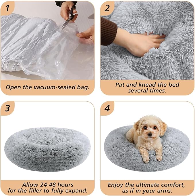 JOLLYVOGUE Calming Small Dog & Cat Bed for Indoor Cats - 20 inches Washable Donut Bed for Kittens & Puppies, Anti-Anxiety Round Fluffy Plush Pet Beds (Fits up to 15 lbs, Grey)