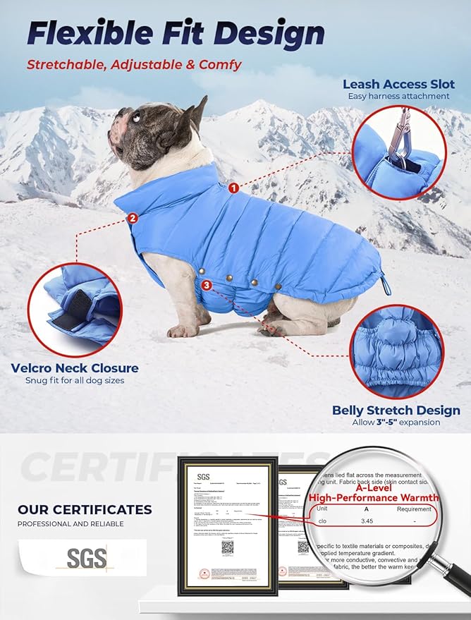 SPACE LION Dog Puffer Jacket, Down Winter Coat, Durable Outdoor Coat for Cold and Windy Conditions, Lightweight & Adjustable Fit Coats for Small & Medium Dogs, (Blue, Size12/M)
