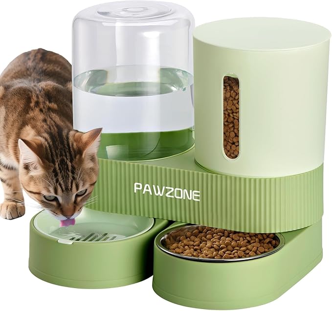 2 Pack Automatic Cat Feeder Stainless Steel Water Dispenser Gravity Food Feeder and Waterer Set with Pet Food Bowl for Small Medium Kitten Puppy Pets Large Capacity(Green)