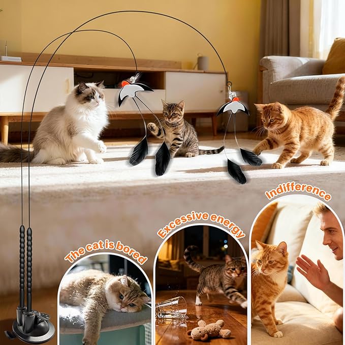 Walfront Interactive Cat Toy, Swallow Bird Cat Wand, Double-Head Suction Base, 2 Realistic Bird Attachments, for Indoor Cats, Kittens and Adult Cats, Self-Play Exercise, Active & Happy