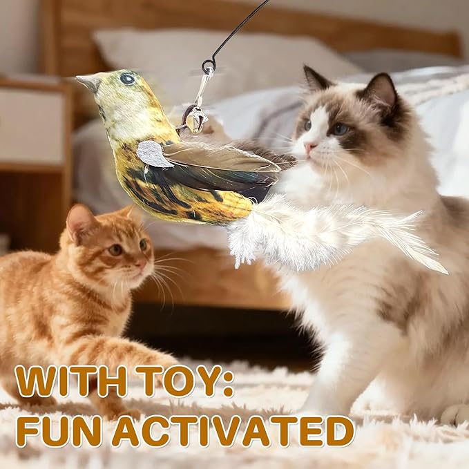 Interactive Cat Toy — Realistic Bird Teaser Wand with Double-Head Suction Base and 2 Gray Bird Attachments for Indoor Self-Play, Exercise & Enrichment for Kittens, Adult Cats & Multi-Cat Homes