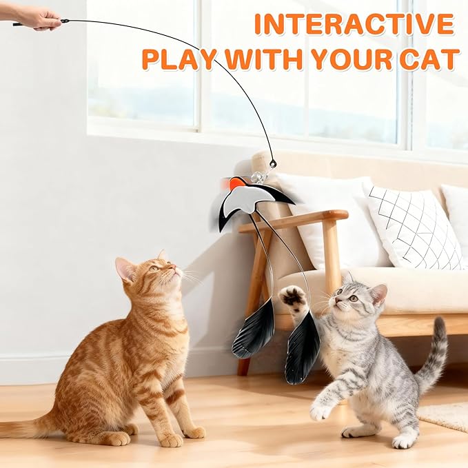 Walfront Interactive Cat Toy, Swallow Bird Cat Wand, Double-Head Suction Base, 2 Realistic Bird Attachments, for Indoor Cats, Kittens and Adult Cats, Self-Play Exercise, Active & Happy