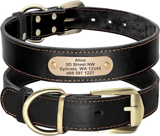 Didog Genuine Leather Dog Collars with Engraved Nameplate, Personalized Soft Leather Dog Collar with Custom ID Tag, Brown/Green/Red for Medium Large Dogs (XL,Black)