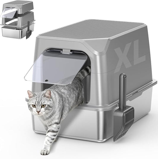Enclosed Stainless Steel Cat Litter Box with Lid, XL Extra Large Litter Box for Big Cats, Metal Litter Pan High Sided, Never Absorbs Odors, Anti-Urine Leakage, Include Scoop (Light Grey)