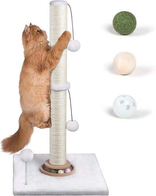 Fantasreen 31" Cat Scratching Post Kitten Toys for Indoor Cats, Interactive Cat Scratcher with Catnip Balls, Sisal Scratch Rope for Large Cats, White