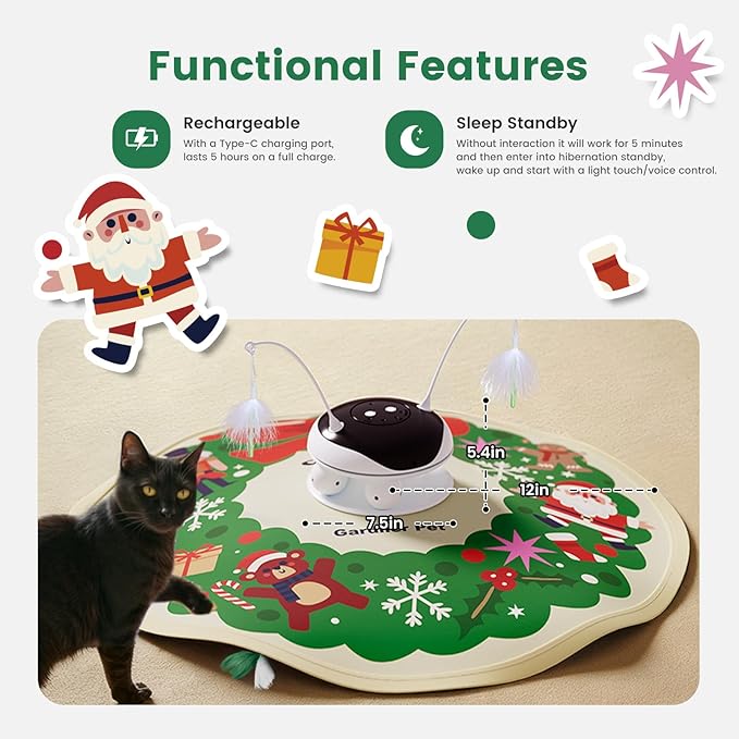 Gardner Pet Christmas Cat Laser Toys, Chargeable 5 in1 Hide and Seek Automatic Interactive Cat Toy, Moving Ambush Feather, Track Balls,Indoor Exercise Kicker 24 inch Cover for All Breeds, 600mAh