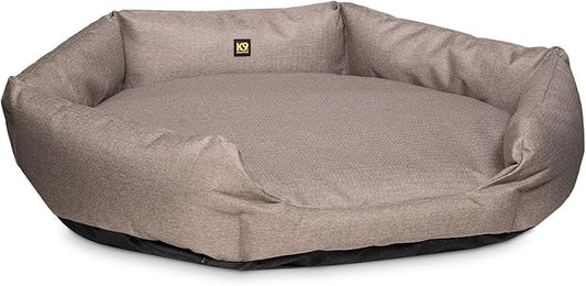 K9 Ballistics Tough Ripstop Oval Bolster Dog Bed, Calming Round Den Shape, Scratch Resistant, Machine Washable - Medium, Taupe Premium Finish