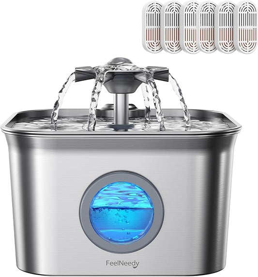 Stainless Steel Cat Water Fountain for Drinking with 6 Filters, 2.8L Auto Pet Drinking Fountain for Cats with 20dB Ultra-Quiet Pump, 24/7 Circulation Filtration LED Water Level Window Dishwasher Safe