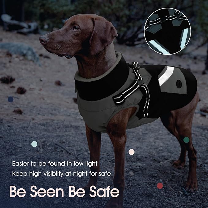 IECOii Dog Coat with Harness Built in - Black, Large - Waterproof Winter Coat, Fleece Lined Snow Jacket for Dogs