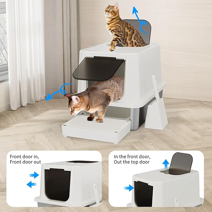 RIZZARI Stainless Steel Cat Box: Beige Leak-Proof Large Enclosed Litter Pan Indoor Odorless Tray for Multiple Cats - Teflon Non-Stick Coating - for Cats Under 20 lbs - Ideal for Laundry Room Balcony