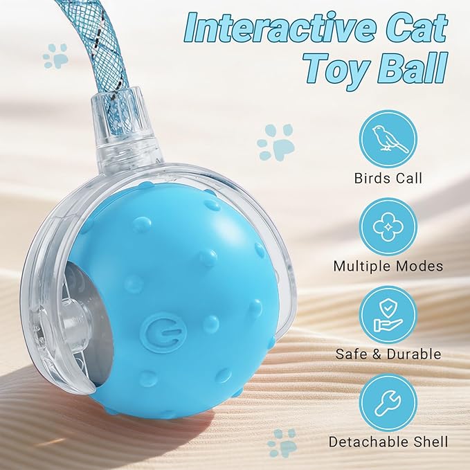 Interactive Smart Motorized Cat Toy Ball -Chirping, 2 Tails & 2 Speeds, USB Rechargeable Motion Activated Self Play Toy for Bored Indoor Cats & Kittens, Hunting Chase Teaser for Exercise & Enrichment