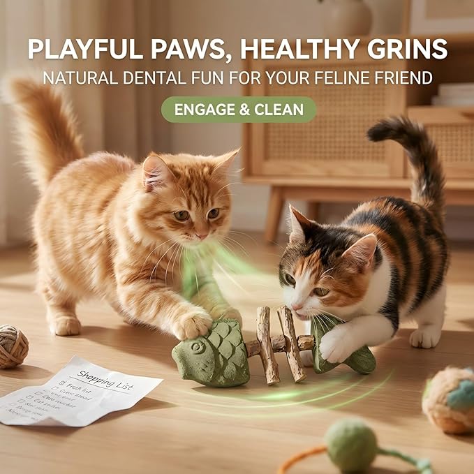 Purrident—2026 New Creative Fish Bone Cat Toy Natural cat Dental Chews Fishbone Shape with Catnip & Silvervine Durable Feline Tooth Care Tool (A)