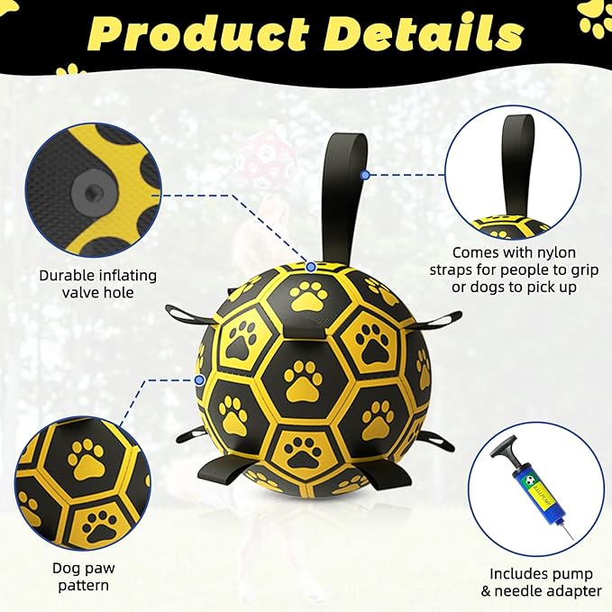 Diman Dog Balls Toys: Soccer Balls for Dogs with Straps, Outdoor Dog Toys, Waterpool Ball, Interactive, Training, Pet Birthday Gifts for Smll Medium Large (Black,Yellow)