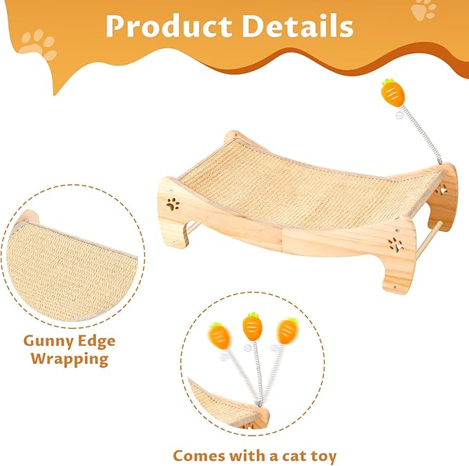 Wooden Cat Scratcher Bed with Carrot Toy, Dual-Role Hammock & Sisal Post, Indoor Cat Furniture for Napping & Play