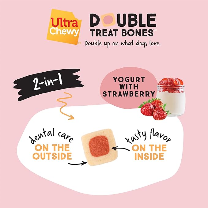 Ultra Chewy Yogurt with Strawberry Double Treat Bones: Long-Lasting Dog Treats Made in USA for Large and Small Breeds, Highly Digestible (12 Count)