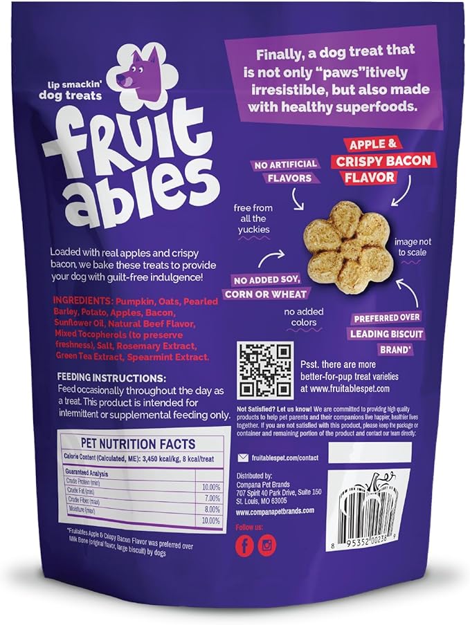 Fruitables Baked Dog Treats, Pumpkin Snacks for Dogs, Low Calorie & Delicious, No Wheat, Corn or Soy, Healthy Puppy Training Treats, Made in the USA, Apple and Crispy Bacon Flavor, 7oz