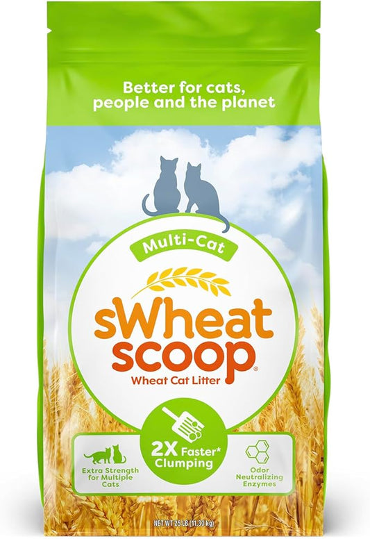 sWheat Scoop Natural Wheat Multi-Cat Litter, Superior Clumping with Odor Neutralizing Enzymes, 25 Pound Bag