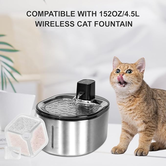 18 Filters + 18 Sponges Cat Water Fountain Filters, Triple Action, 4.5L Capacity, Compatible with 152oz Wireless Stainless Steel Cat Water Fountain