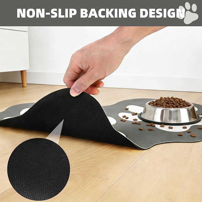 PUPTECK Dog Food Mat, Quick Absorbent Pet Cat Feeding Mat, Anti-Slip Dog Placemat for Food and Water Bowls with Rubber Backing, No Stains Floors Waterproof Indoor, Grayish Black & White 16"x24"