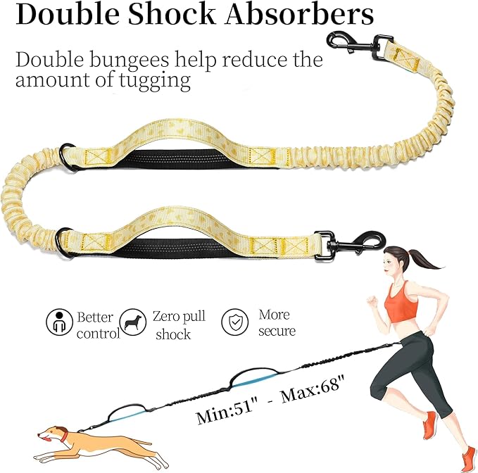 iYoShop Hands Free Dog Leash with Zipper Pouch, Dual Padded Handles and Durable Bungee for Walking, Jogging and Running Your Dog (Yellow Heart, Large)