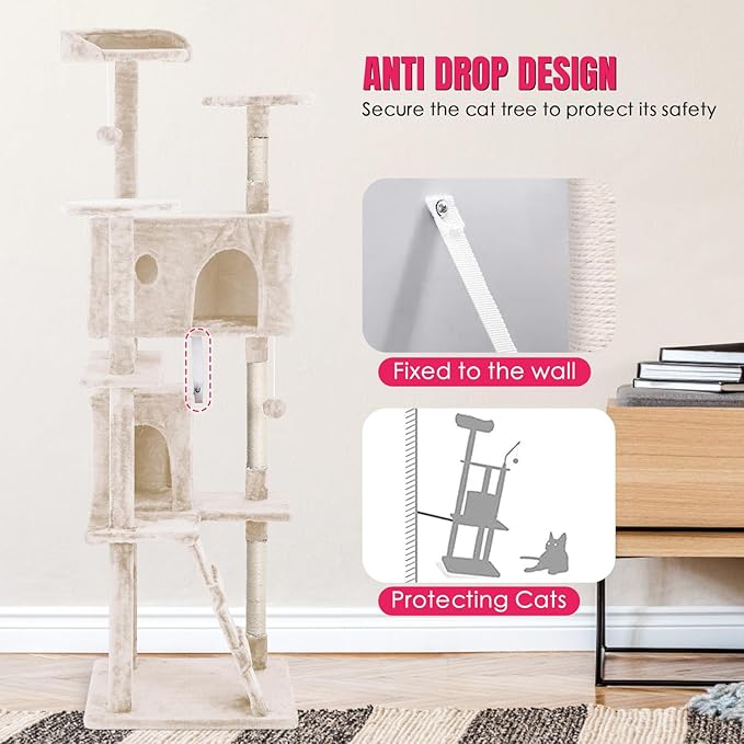 PayLessHere Cat Tree 70in Cat Tower with Cat Scratching Post,Multi-Level Cat Condo Stand House Furniture Kitty Activity Center with Furry Ball Toys Cat Tree for Indoor Cats.Beige